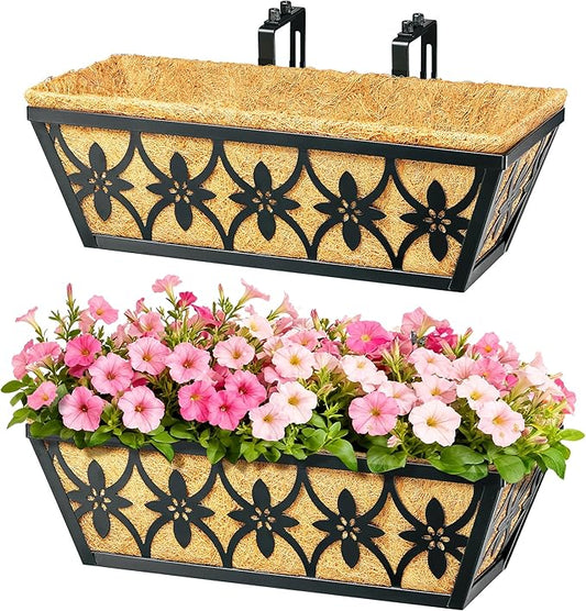 16 Inch Window Boxes Planters Railing Planter Box - 2 Pack Deck Railing Planter Boxes with Adjustable Brackets Coco Liners Balcony Planters Railing Hanging for Window Flower Boxes Outdoor Garden Decor