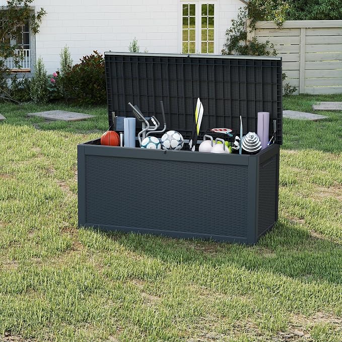 ROJIK 320 Gallon Waterproof Deck Box, UV Resistant Outdoor Storage Box with Lockable Lid, Heavy Duty Resin Bin for Patio Cushions, Gardening Tools & Package Delivery
