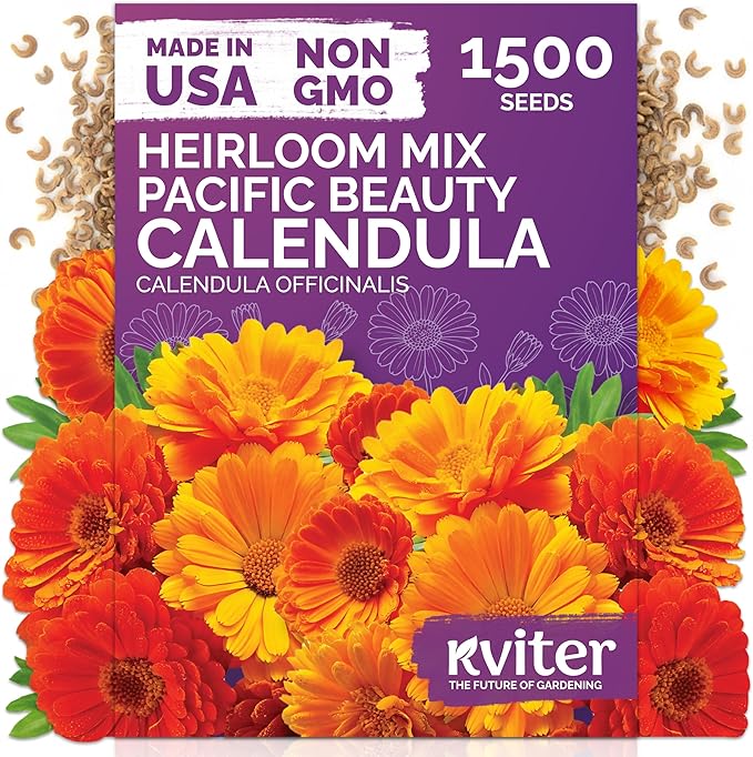 KVITER 1500 Mix Pacific Beauty Calendula Seeds (Calendula Officinalis) - Pot Marigold, Heirloom and Non GMO - Annual Flower Seeds in Seed Packets for Outdoor and Indoor Garden, Containers, Cut Flowers