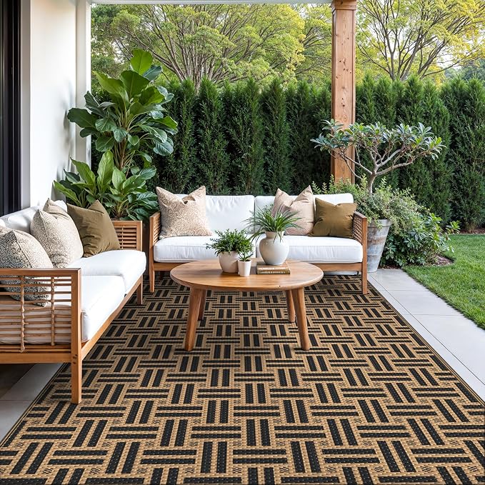 GENIMO Outdoor Rug for Patio Clearance, 6'x9' Reversible Geometric Plastic Straw Rugs, Lightweight Waterproof RV Camping Mat for Camper, Balcony, Deck, Backyard, Picnic, Black Brown
