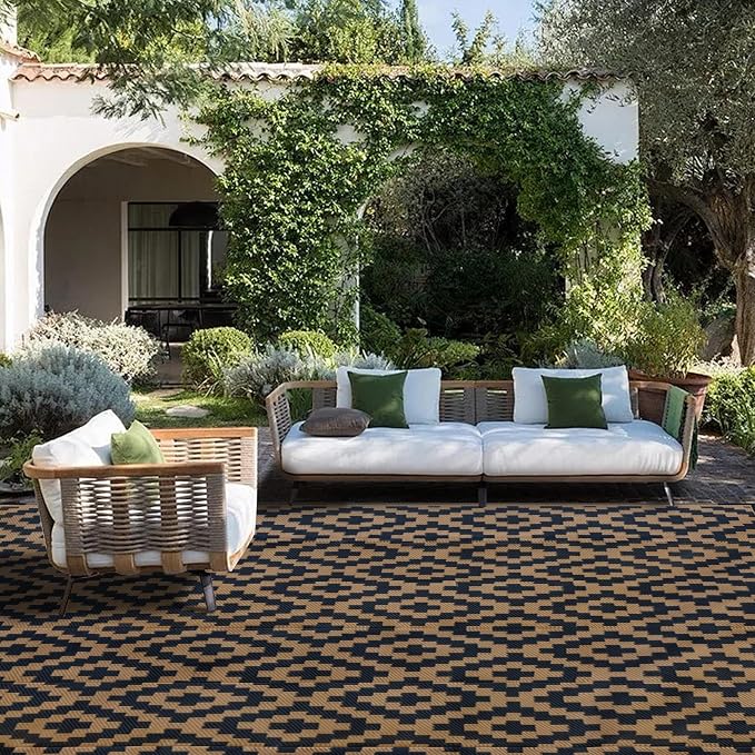 SAND MINE Reversible Mats, Plastic Straw Rug, Modern Area Rug, Large Floor Mat and Rug for Outdoors, RV, Patio, Backyard, Deck, Picnic, Beach, Trailer, Camping, Black & Brown, 8' x 8'