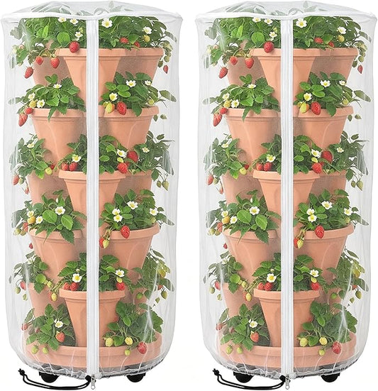 2 Pcs Vertical Plant Pot Insect Netting with Zipper, 39"x20" Stackable Planter Garden Net Cover, 3 to 5 Tier Planter Pot Insect Bird Barrier Protection Mesh for Strawberry Herb Flower Fruit Vegetable