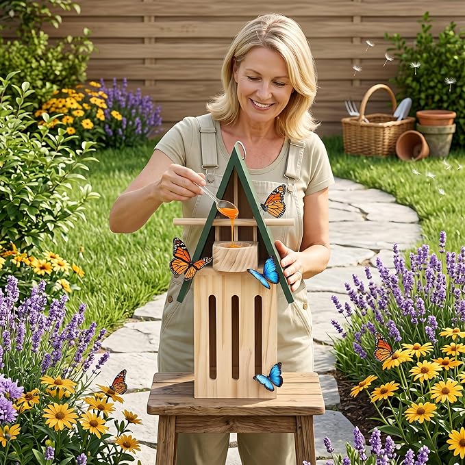 Butterfly House with Feeder - Wooden Butterfly Houses for Garden & Outside, 11.02x3.54x4.72 Inch