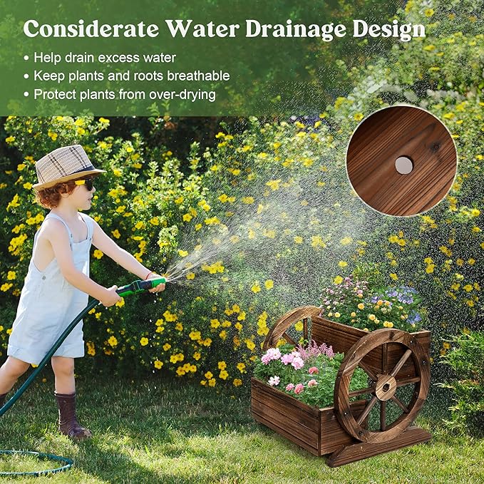 OIPRTGFJ Wooden Wagon Planter Box, Garden Planter with Wheels,Decorative Planter for Flowers Herbs Vegetables for Indoor & Outdoor Décor, Flower Cart for Patio Garden Balcony