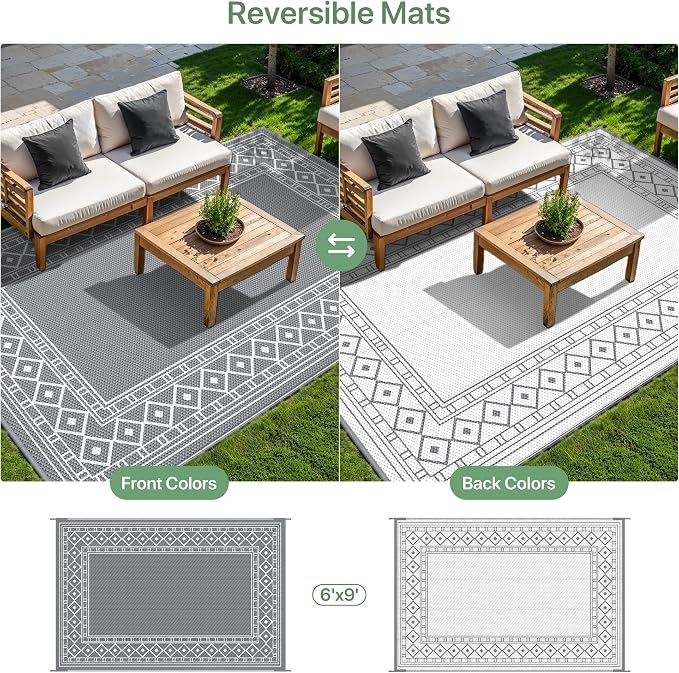GENIMO Outdoor Rug Waterproof for Patio Decor, 6'x9' Reversible Plastic Straw Area Carpet, Camping Outside Mat for Outdoor, RV, Deck, Camper, Balcony, Picnic, Grey & White