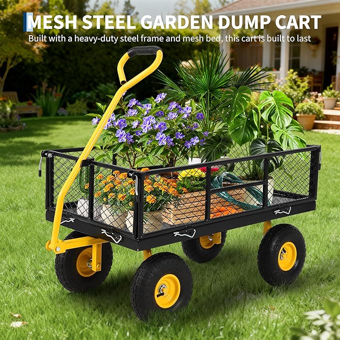 Garvee 900 LB Garden Cart with 10 in All Terrain Tires, 2-in-1 Wagon Cart with Removable Side Panels, Heavy Duty Metal Utility Garden Wagon for Outdoor Lawn, Yard, Backyard