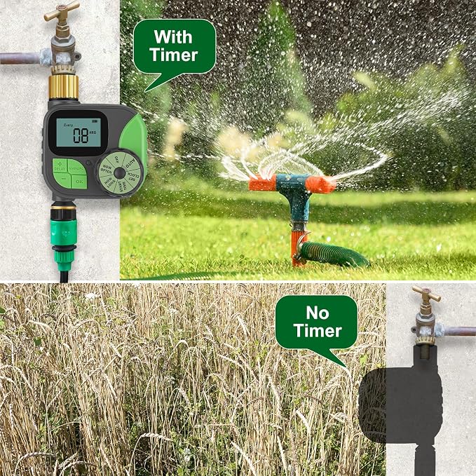 Kingdder Water Timer, Sprinkler Timer with Brass Inlet and Outlet Programmable Garden Hose Faucet with Rain Delay/Manual/Automatic Irrigation System for Yard Lawn IP54 Waterproof (1 Outlet)