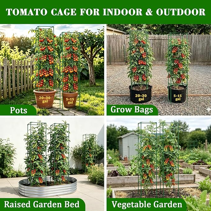 ZeeDix 6 Pack Heavy Duty Tomato Cages, 72 Inches Square Adjustable Tomato Trellis with 40Pcs Clips, Extra Tall Plant Support Stakes for Climbing Vegetables, Flowers, Raised Garden Bed & Pots