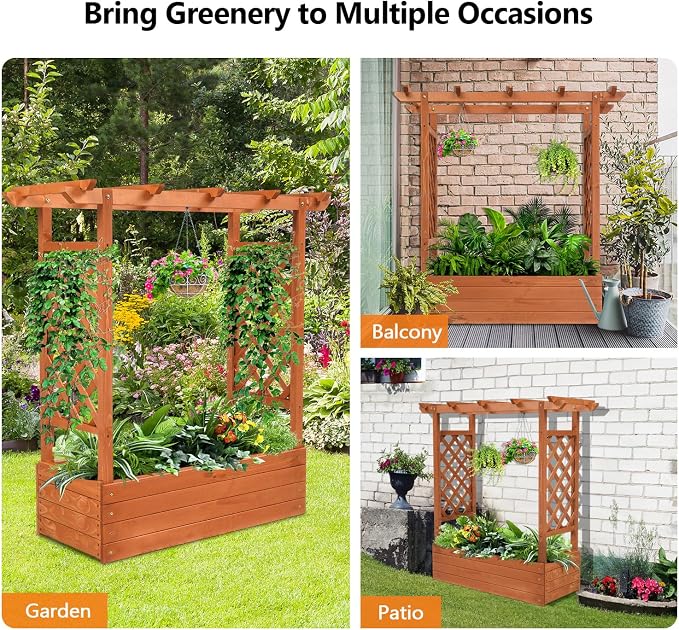 VINGLI Raised Garden Bed with Trellis & Hanging Roof, Wooden Elevated Planter Box with Drainage Holes for Outdoor Climbing Plants Vegetables Flowers, Patio Yard Balcony (Teak, Medium)