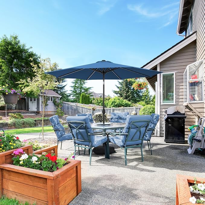 Sundale Outdoor 9FT Patio Umbrella with Sand Bag Umbrella Base, Outdoor Umbrella with Tilt and Crank, Navy