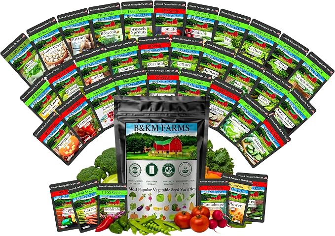 36 Pack Heirloom Vegetable & Herb Seeds 40,000 Count - Grown in USA Non-GMO Seeds for Planting Vegetables: B&KM Farms Premium Mylar Seed Packets Digital Growers Guide & Recipe Booklet
