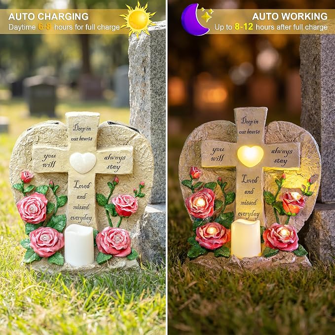 MXwcy Memorial Garden Stone Cross with LED Lights - Sympathy Gift, Bereavement & Remembrance for Loss of Loved One, Outdoor Indoor Grave Marker Decoration, Weatherproof Resin Heart Rose Design
