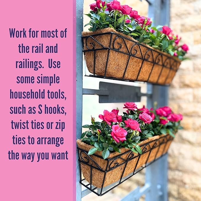 LaLaGreen Wall Mounted Planters - 24 Inch, 4 Pack Window Flower Boxes Basket Outdoor, Balcony Planter Over the Rail, Deck Railing Hanging with Coco Liners, Metal Horse Troughs Fence Patio Porch