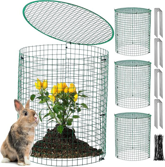 Hiboom 4 Pack Garden Plant Protectors from Animals with Stakes, Metal Mesh and Detachable Covers Wire Plant Cage for Keeping Bunny Animals Out, Chicken Wire Cover Garden Protect (12 * 13 in)