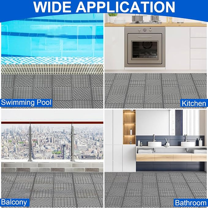 MYFAMIREA Modular Interlocking Cushion 12 Pack 11.8" x 11.8" Rubber Floor Tiles Non-Slip Splicing Drainage Mats for Deck, Pool, Shower, Patio, Balcony, Bathroom, Kitchen, Yard (1 Rows Dots, Dark Gray)