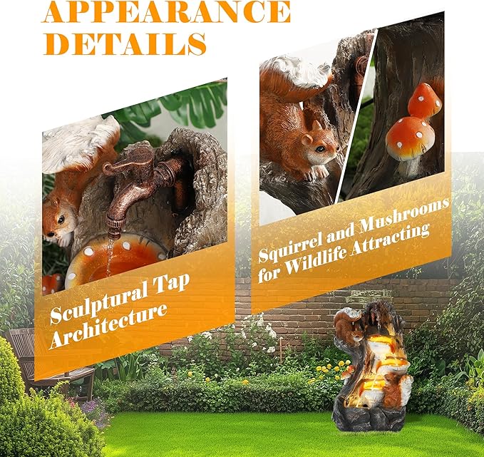 22" H Modern Garden Water Fountain - 4-Tiers Indoor/Outdoor Resin Water Fountains with LED Lights, 4-Tiers Patio Waterfalls with Mushroom & Squirrel Design, Home Decor for Porch Yard Deck