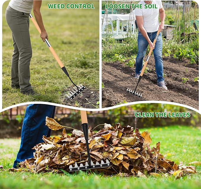 Iron Weeding Rake with Wooden Long Handle 2.0, 8 Teeth Weed Puller Tool Heavy Duty, Manual Gardenia Weed Rake Tool for Yard, Lawn and Garden, 56Inch