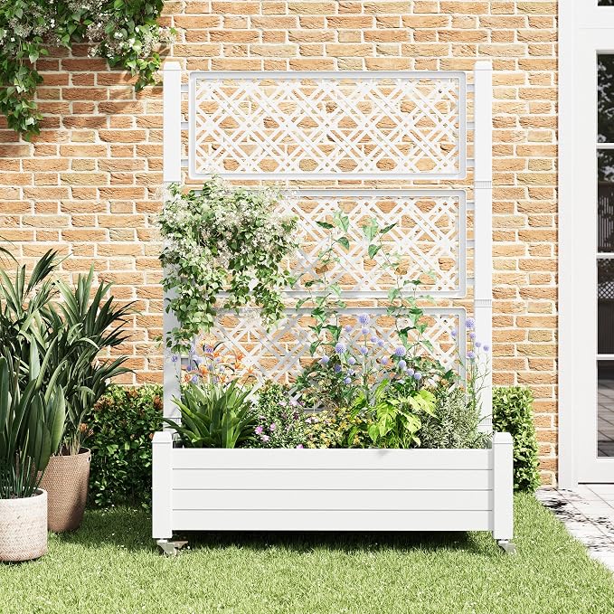 Resin Raised Garden Bed with Trellis and Wheels - Plasitc Planter Box with Trellis Outdoor with Drainage Holes & Water Monitor for Climbing Plants, Flower, Cool White(61.2" H)