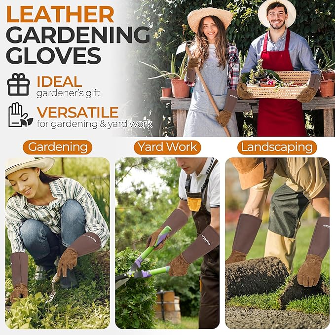 HANDLANDY Long Gardening Gloves for Men & Women, Pigskin Leather Rose Pruning Gloves- Breathable & Durable Gauntlet Glove (X-Large, Brown)