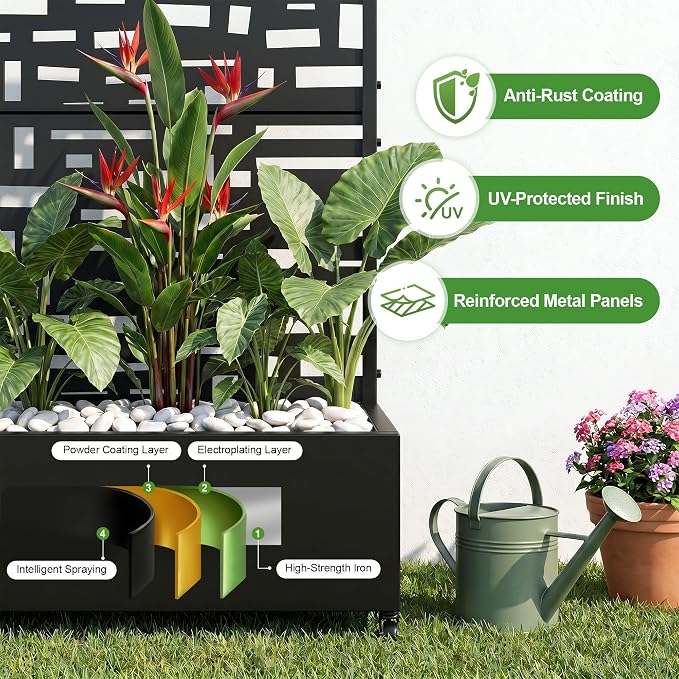 Casaphoria Metal Raised Garden Bed with Trellis and Wheels, 72"x47"x16" Planter Box for Climbing Plants, Vegetables & Vines, Features Drainage Holes and Privacy Screen (Black-Gerald)