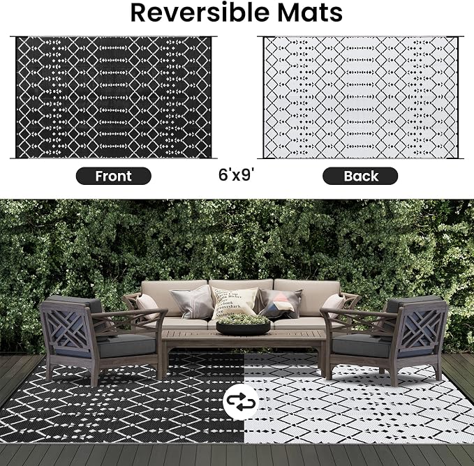Smiry Outdoor Rug 6x9 ft, Waterproof Reversible Plastic Straw Rugs, Boho Outdoor Area Rug, Outside Floor Mat for Patio, Backyard, Deck, Picnic, Beach, Camping, Black