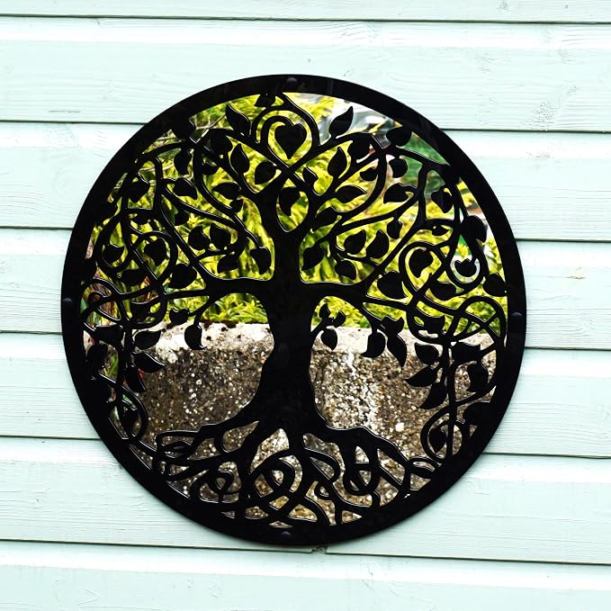 Sun Catcher Garden Decor Tree of Life Garden Mirror Range of Sizes Round Framed Mirror Outside Rust Resistant Acrylic Fixings Included Gift (42cm / 16.5 inch)