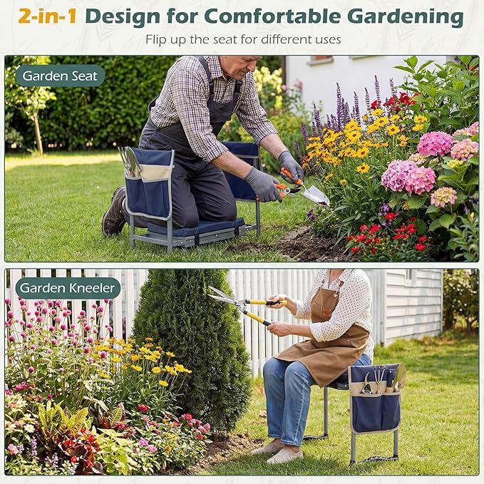 Goplus Foldable Garden Kneeler and Seat, 11" Wide 2-in-1 Gardening Bench, Detachable Thick EVA Foam Pad, 350 lbs Heavy-Duty Metal Frame, Tool Pouch, Portable Stool, Gardening Kit for Seniors (Blue)