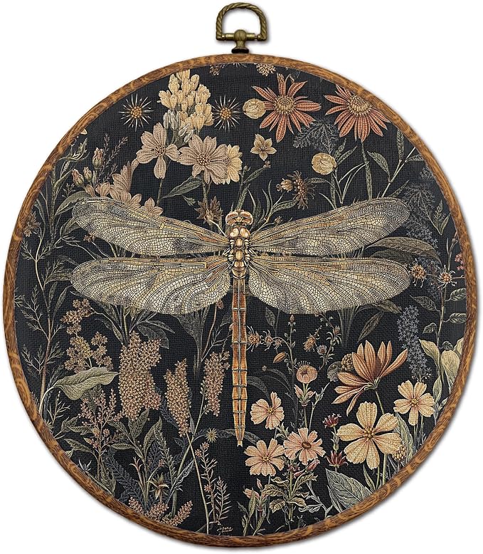 DOFQZ Vintage Boho Floral Dragonfly Round Wall Art Decor, Dark Cottagecore Botanical Wildflower Framed Canvas Hanging Art for Bedroom Living Room Home Decor, 10x10