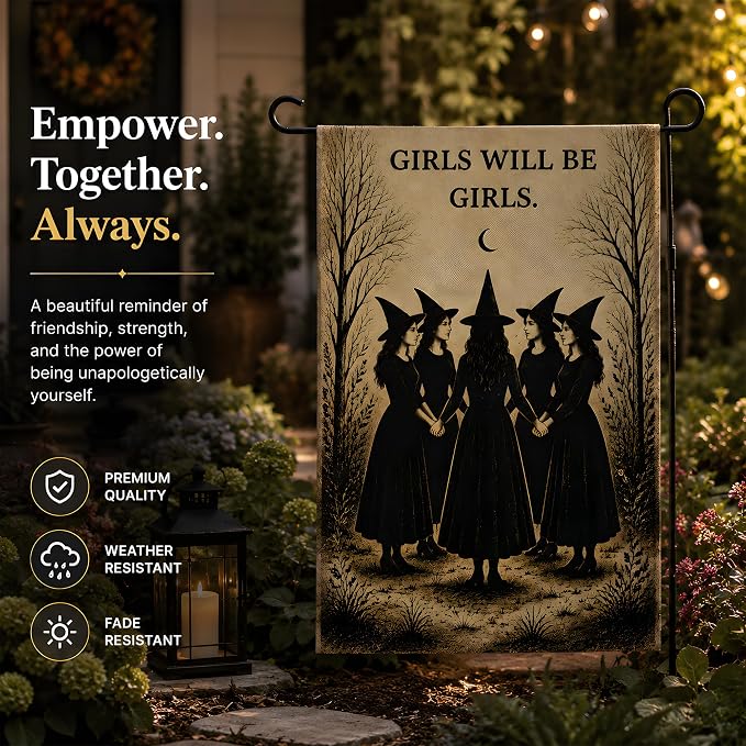 Halloween Decorations - Witch GIRLS WILL BE GIRLS Garden Flag | Halloween Party Decorations for Outdoor Indoor Outside - Trick or Treat Banner Decor for Garden Porch Patio Lawn Yard Party Favors Supplies