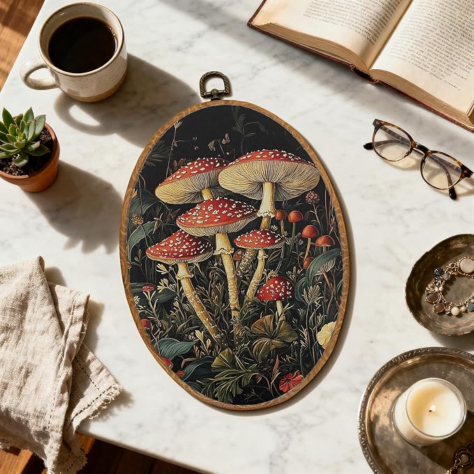 DOFQZ Vintage Mushroom Oval Wall Art Decor, Dark Botanical Cottagecore Mushroom Framed Wall Art, Gothic Moody Fungi Canvas Walls Hanging Decor for Home Bedroom Living Room, 8.5x11.5