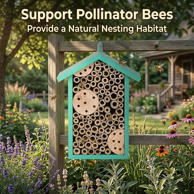 Topadorn Insect Habitat Wall Mounted Bee House Natural Bamboo Tube Bee Hotel with Metal Hanging for Outdoor Garden or Yard Bee House Attracts Many Types of Bees,Green