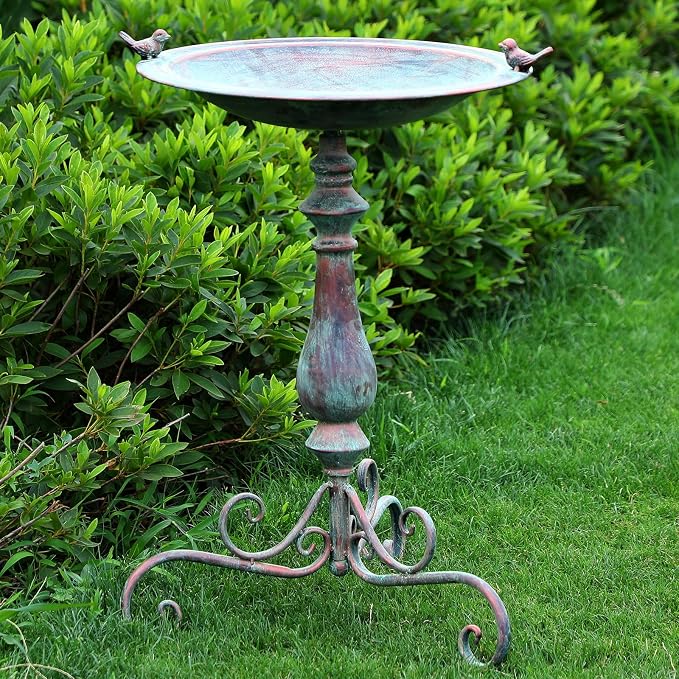 Newtay 27.25 Ornate Metal Pedestal Style Birdbath with Cast Iron Vintage Birds Baths for Outdoors on Rim Full Base Standing Bird Bath Tray for Garden Yard Decoration, Green, Not Easy to Rust