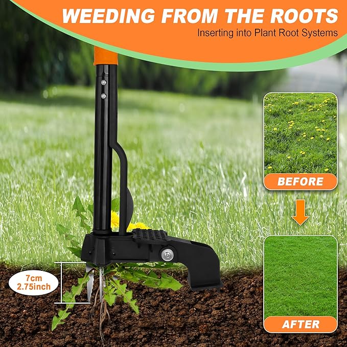 Weed Puller Tool,4-Claw Heavy Duty Gardening Stand-Up Weeder Puller,Ergonomic Long Handle,3 High-Strength Stainless Steel Claws for Lawn Garden,Crabgrass,Dandelion,Thistle (Include gloves)