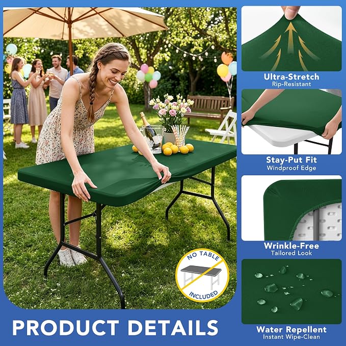 Fitted Tablecloth for 8 Foot Rectangle Tables-6 Pack Hunter Green Elastic Outdoor Picnic Table Cover-Spandex Stretch Christmas Table Cloths 8ft for Camping Dining Patio Kitchen Banquet Party