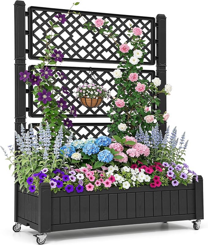 YITAHOME 43.3x17.7x61 in Planter Trellis Box with Wheels & Drain Plug, Outdoor Resin Raised Garden Bed for Climbing Plants, Large Weather-Resistant Design, Black