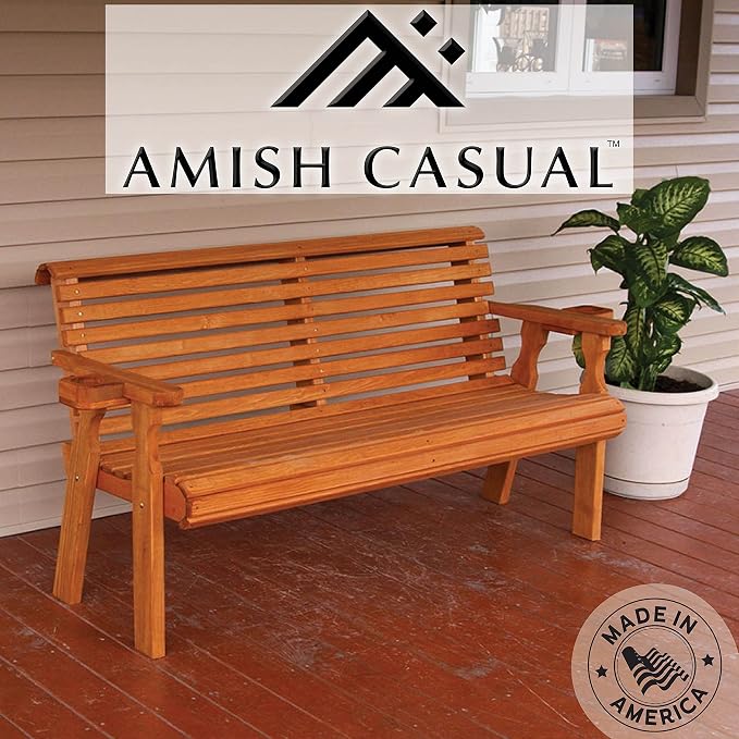 Amish Casual Heavy Duty Pressure Treated 5 Foot Outdoor Garden Bench with Cup Holders - Amish Crafted Roll Back Design in Cedar Stain, 700 Lb Weight Capacity