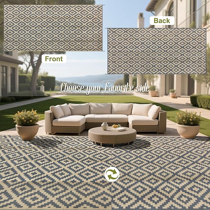 SAND MINE Reversible Mats, Plastic Straw Rug, Modern Area Rug, Large Floor Mat and Rug for Outdoors, RV, Patio, Backyard, Deck, Picnic, Beach, Trailer, Camping (10' x 20', Grey Tan Lattice)