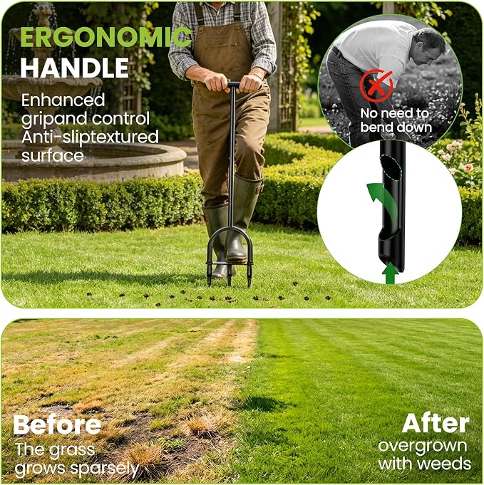 Manual Lawn Core Aerator Tool – Heavy Duty Hand Soil Aerator with 3 Hollow Tines, Pre-Assembled Lawn & Garden Plug Remover for Grass Growth & Soil Improvem