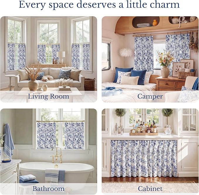 StangH Blue Cafe Curtains 36 Inch Length, Pinch Pleated Peony Floral Small Window Treatment, Elegant Farmhouse Tier Curtains for Kitchen & Bathroom, W26xL36，2 Panels