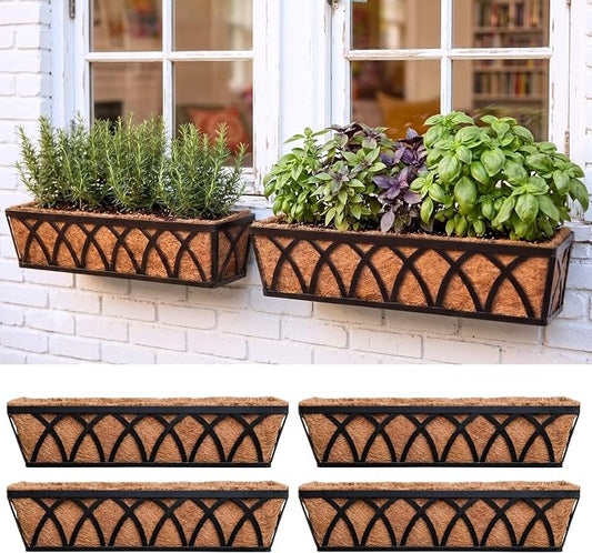 LaLaGreen Wall Planter (4 Pack, 30 Inch) Large Railing Planter Box for Outdoor Plants with Coco Liner, Metal Balcony Flower Basket Deck Rail Railing Fence Window Attach House Horse Trough Fence Porch