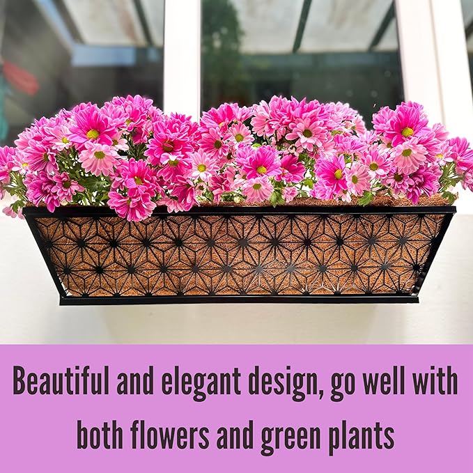 LaLaGreen Window Boxes Planter for Outdoor Plants (4 Pack, 24 Inch) Black Metal Rectangular Flower Pot Wall Planters with Coco Liner, Modern Stylish Horse Trough Railing Deck Rail Fence Balcony Patio
