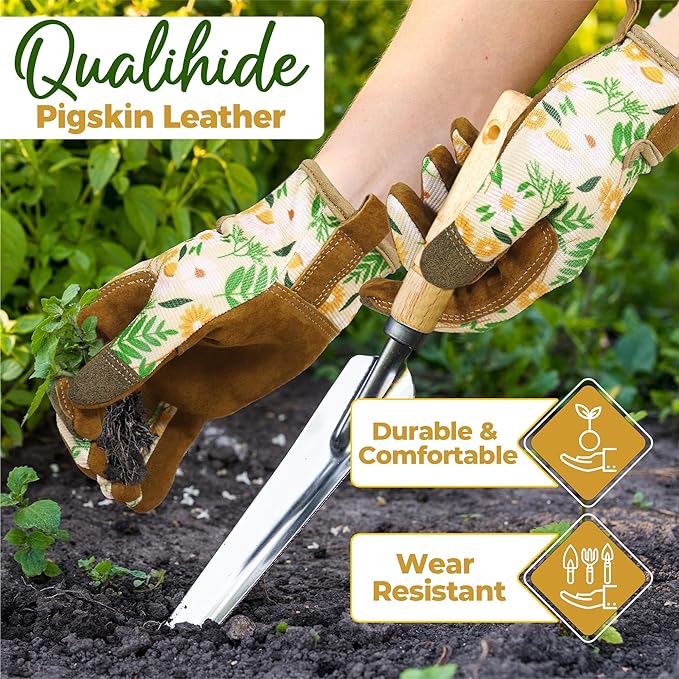 HANDLANDY Gardening Gloves for Women, Breathable Ladies Leather Garden Yard Gloves Best Gift for Gardeners