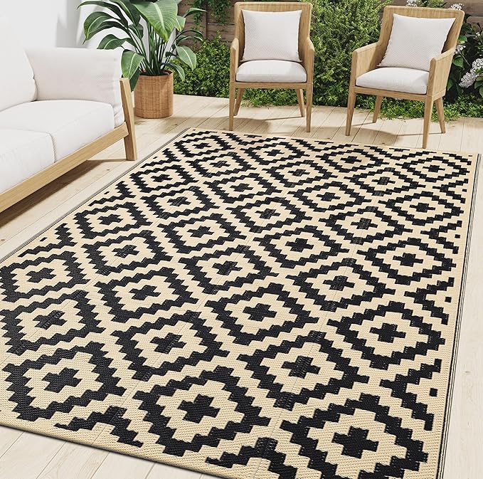 Smiry Waterproof Outdoor Rug 9X18 ft, Reversible Plastic Straw Patio Camping Rugs, Outdoor Indoor RV Mat Carpet for Patio, Outside Entry, Backyard, Deck, Bench, Picnic, Camper, Black & Beige
