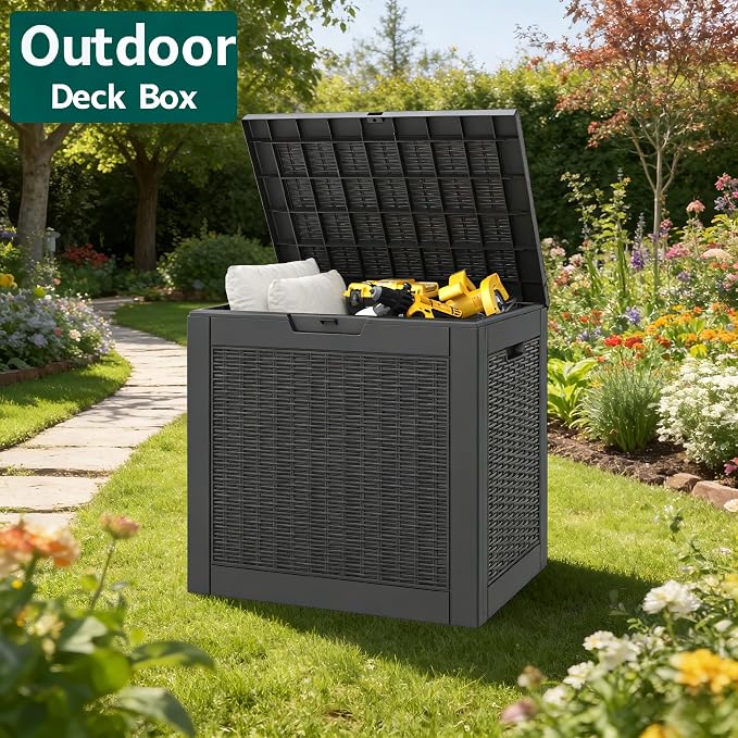 Outdoor Storage Box, 32 Gallon Resin Deck Boxes Outdoor Waterproof For Patio Furniture, Garden Tools, Pool Supplies, Lockable And UV Resistant (a Set of 2,Rattan Black)