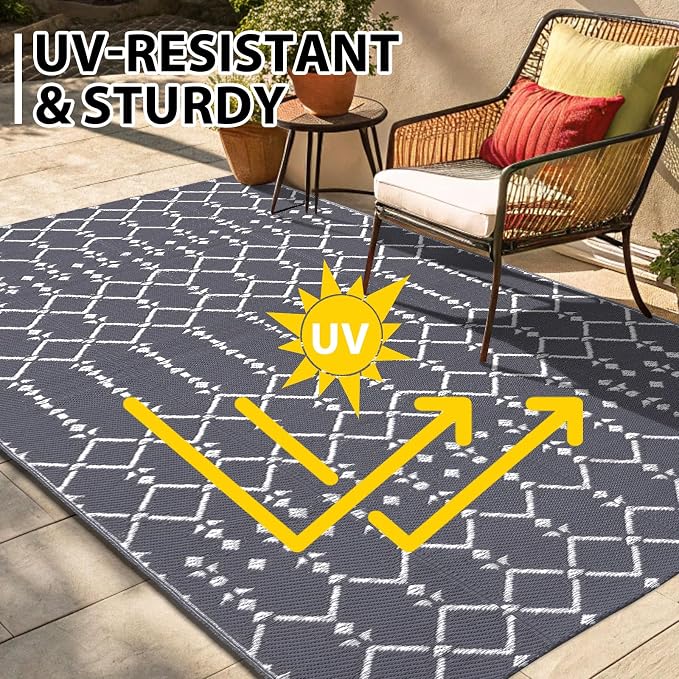Smiry Outdoor Rug 8x10 ft, Waterproof Reversible Plastic Straw Rugs, Boho Outdoor Area Rug, Outside Floor Mat for Patio, Backyard, Deck, Picnic, Beach, Camping, Grey