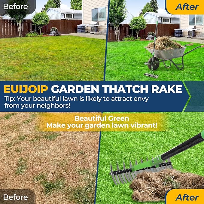 65" Thatch Rake & Garden Rake– 13" Narrow Dual-Sided Sharp Steel Tines, Adjustable Handle, Lightweight & Reversible Head for Precision Lawn Care, Debris Removal and Soil Leveling