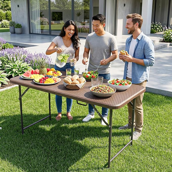 PayLessHere | 4FT Folding Table | Portable Plastic Table with Carry Handle | Waterproof & Foldable Table Design | Steel Frame with Lock | Brown Ratten | for Events, Camping, Indoor & Outdoor Use