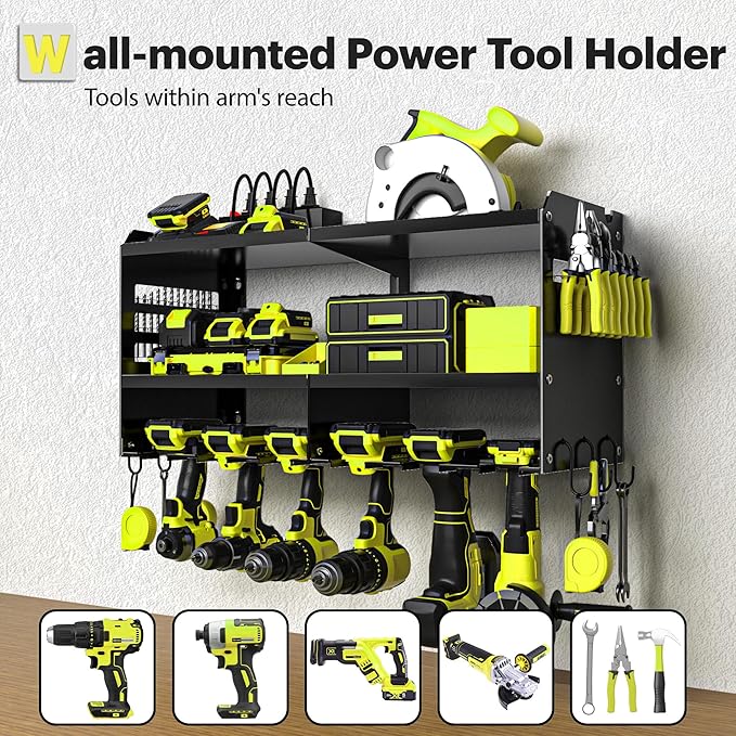 Spampur Fathers Day Gift,Power Tool Organizer Wall Mount with Charging Station, 3 Layer Heavy Duty Metal Tool Storage Rack Loads 420lbs with 6 Cordless Drill Holder, Garage Workshop