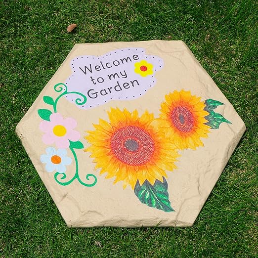 4Pcs Round Sunflower Stepping Stone Outdoor Garden Walkway, Durable Plastic Pavers for Patio, Pathway, and Landscaping, Weatherproof Stepping Stones with Ground Stakes (Hexagon Sunflower)
