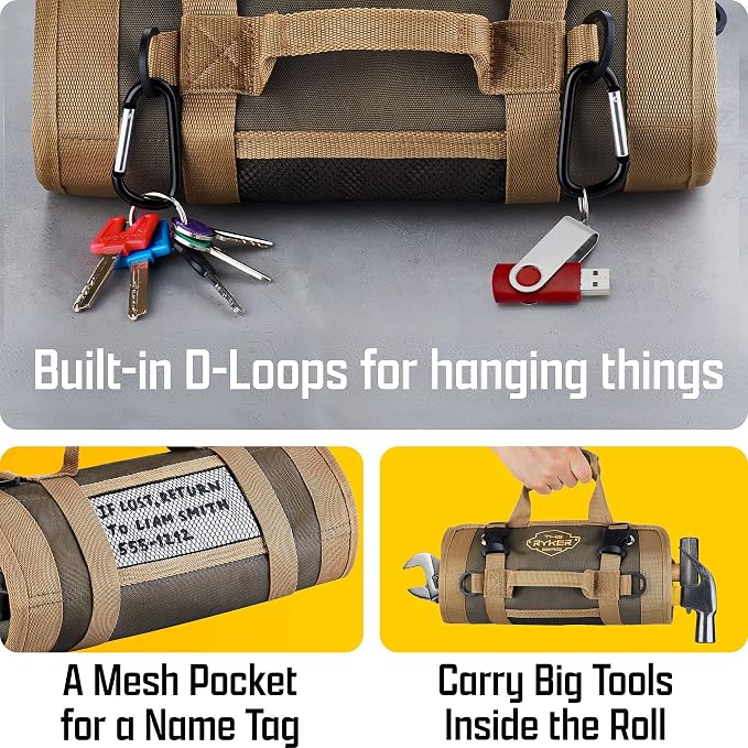 The Ryker Roll Up Tool Bag Organizer Gifts for him (2-pack) Heavy Duty Small Motorcycle Tool Roll Bag Organizer Portable Rollup Toolbag w/Detachable Pouches Mens gift for Dad, Mechanic & Hobbyist